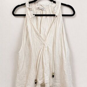 Zara White Boho Sleeveless Tunic Top Ruffle Neck Drawstring M